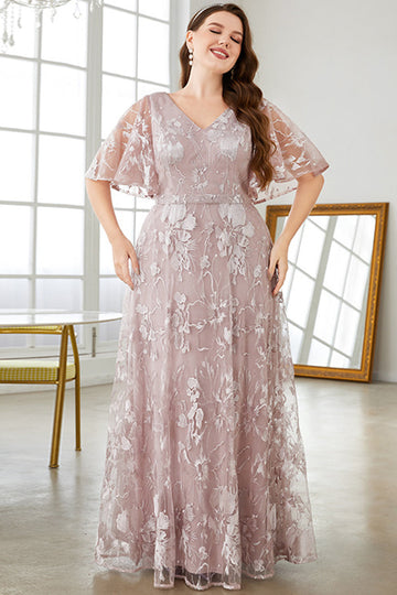 Szary Różowy Dekolt W Szpic Haftowana Sukienka Plus Size Na Studniówkę
